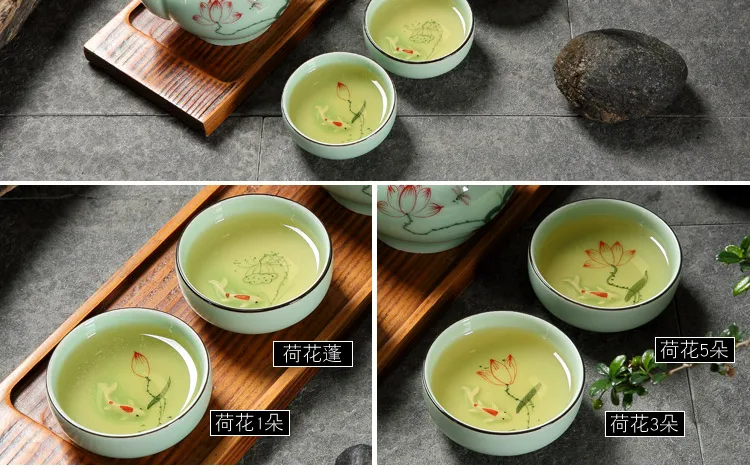 Набор чайных чашек Longquan celadon, ручная роспись, набор чайных чашек кунг-фу, рыба, цветок лотоса, чайный набор, керамика, китайский стиль, домашний чайный набор