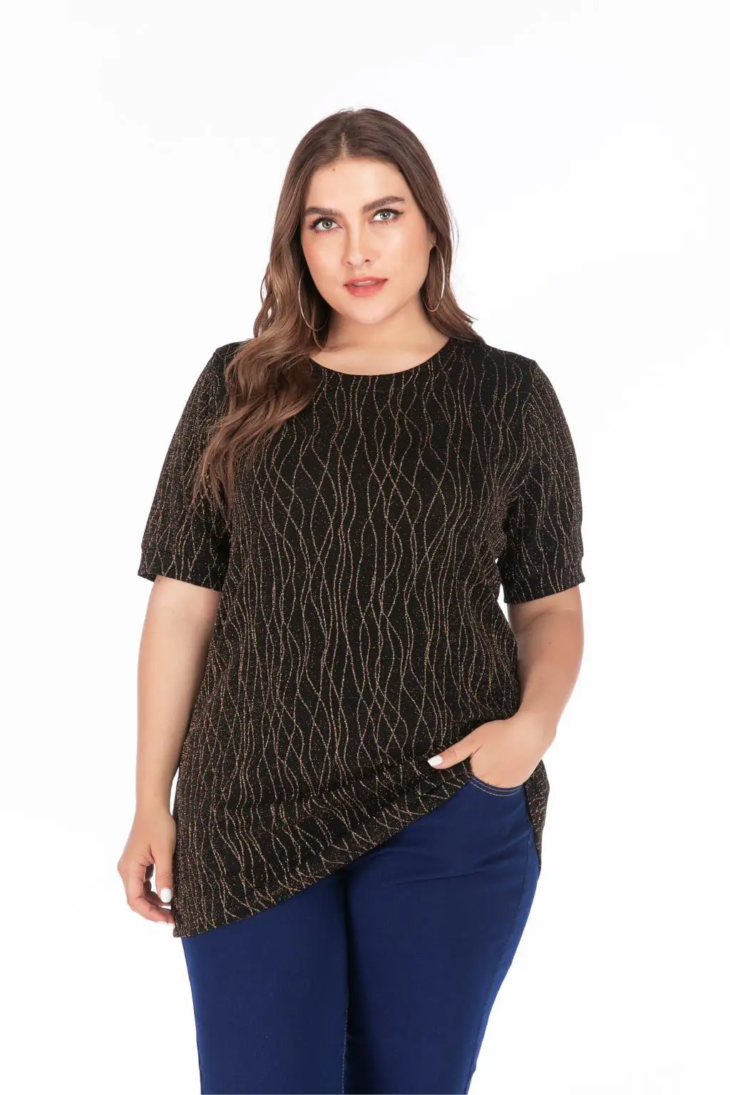 5XL размера плюс, женская блузка, рубашка, летняя, с круглым вырезом, с коротким рукавом, с блестками, элегантная, стрейчевая, свободная, более размера d, Женская туника, топы
