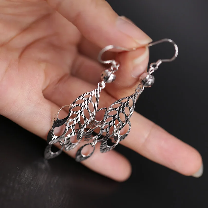 Charmily Authentic 925 Sterling Silver Cut Out Leaf With Hollow Oval Drop Earrings For Party Bar Holiday Big Size | Украшения и