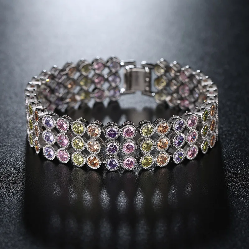 ZuanLiFang Fashion Bracelet High Quality Round Multicolor Cubic Zirconia Wide for Women Three Row CZ Stone Bangle | Украшения и