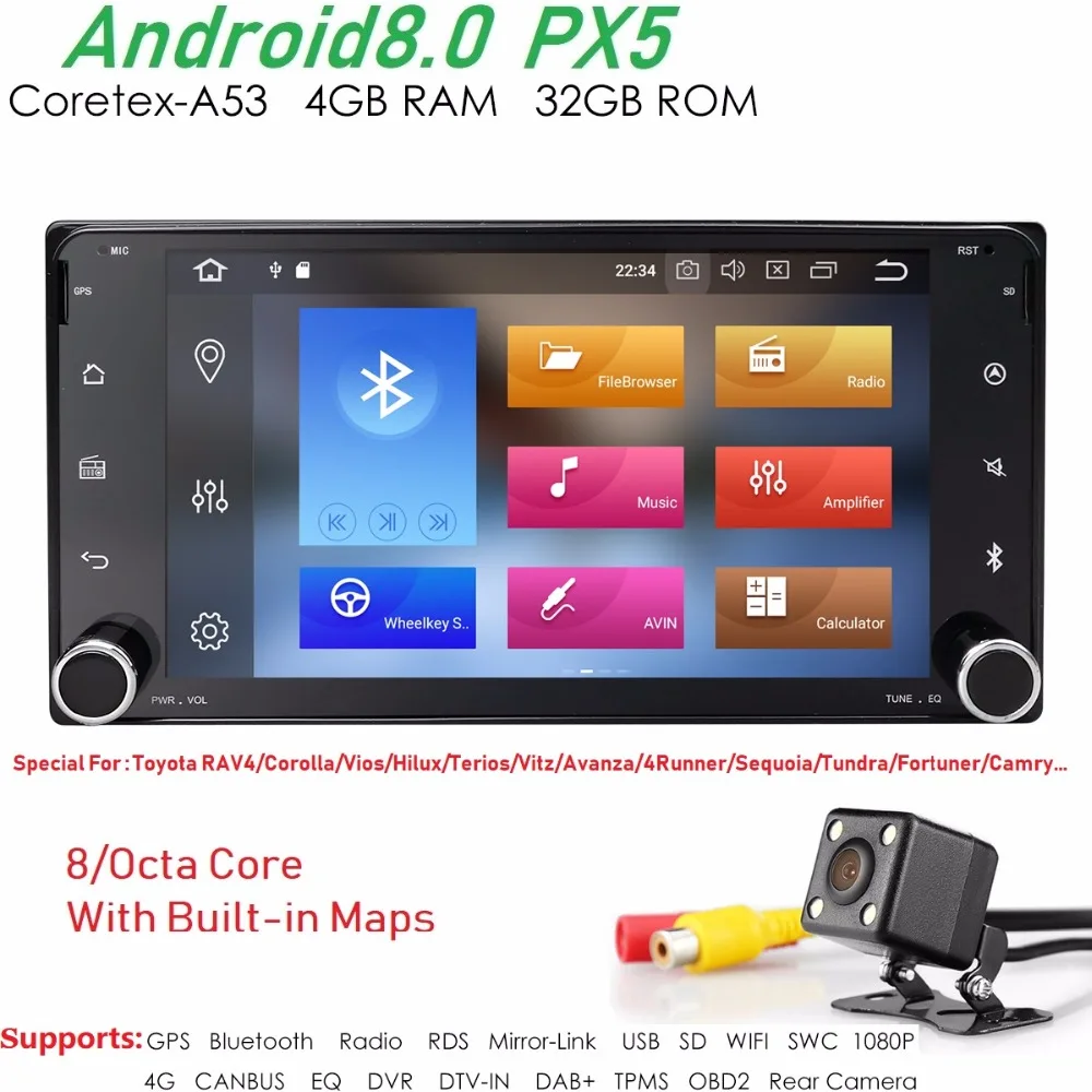Hizpo PX5 Android8.0 8 Core 4 + 32 Fit Toyota RAV4/Corolla/Vios/Hilux/Terios/Vitz/Avanza/4runner/Sequoia/Tundra/Fortuner/Camry DAB