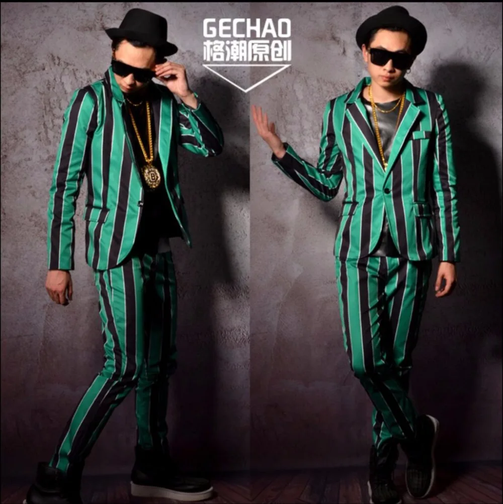

Мужской костюм в зеленую и черную полоску, Индивидуальный размер, стильный костюм для ночного клуба, бара, сценические костюмы для выступления, тонкие костюмы