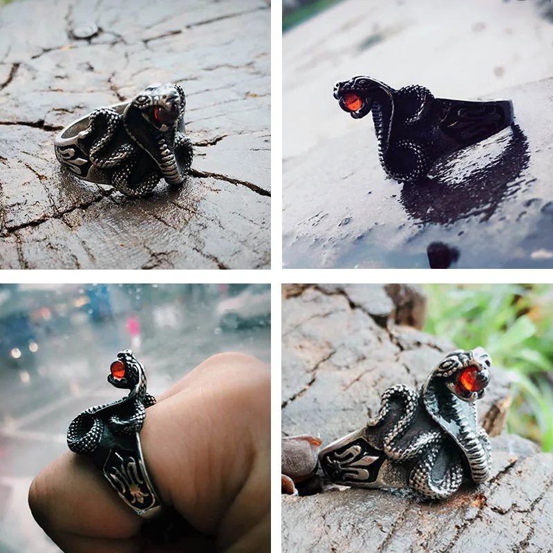 BEIER Cobra Red Stone Snake Ring Factory Price Stainless Titanium Steel Punk Heavy Metal Animal Jewelry BR8-216