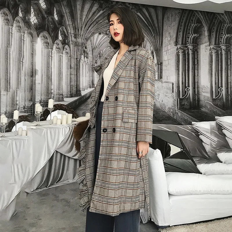 TWOTWINSTYLE Plaid Womens Windbreakers High Waist Lace Up Double Breasted Patchwork Ruffle Trench Coat Female Autumn Fashion New | Женская