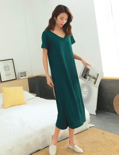 Летнее длинное женское пляжное платье до середины икры Vestidos с v-образным вырезом и коротким рукавом, повседневное домашнее платье из модала