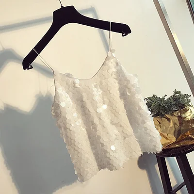 Белый Sequin Cami сексуальный укороченный топ, летний женский топ на бретельках, тонкий топ с открытой спиной, Обрезанные Топы - Цвет: Белый