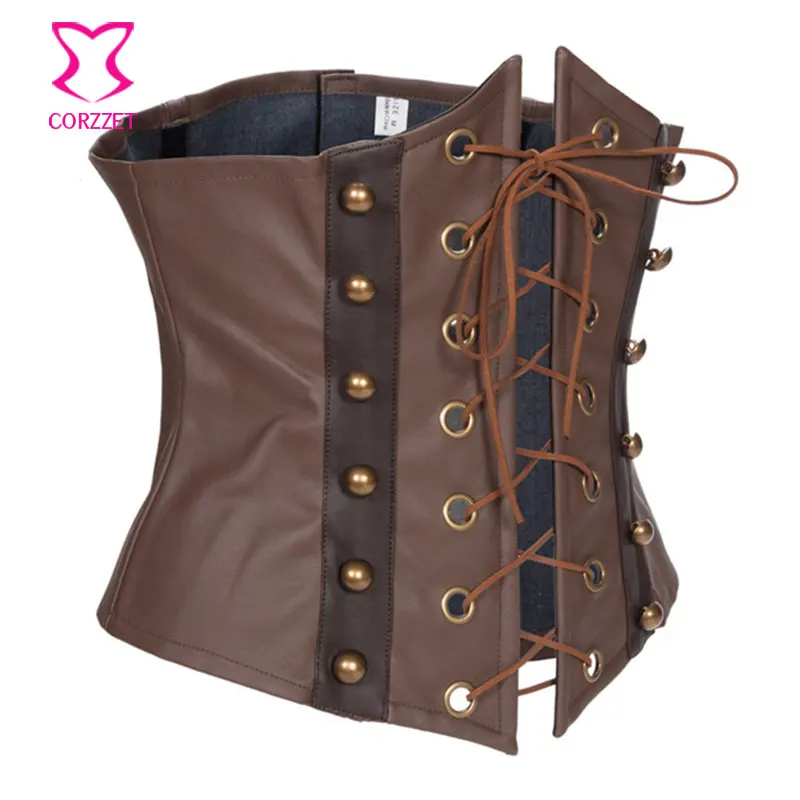 Коричневый кожаный корсет на шнуровке спереди в стиле стимпанк для похудения