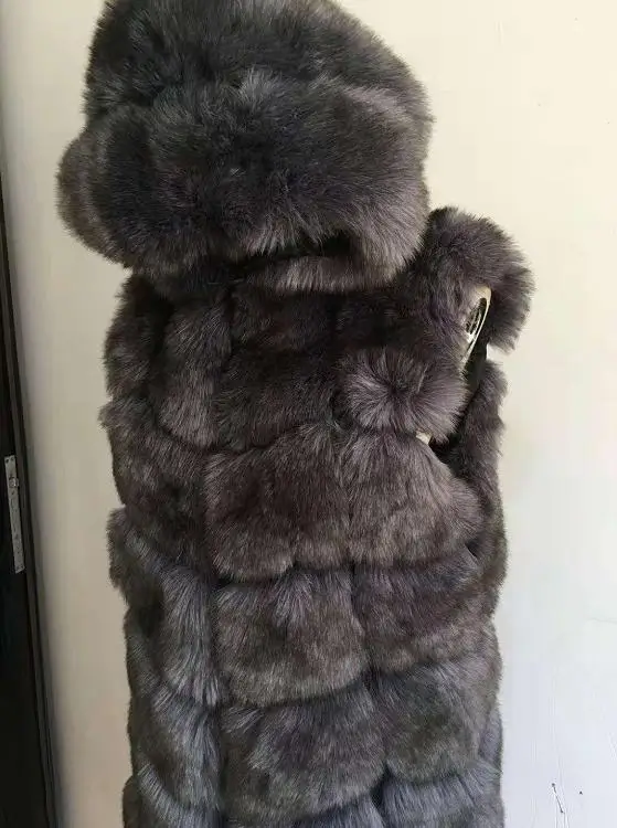 Пушистый жилет из искусственного лисьего меха с капюшоном 2020 зимняя теплая