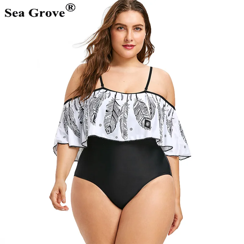 Женский купальник бикини большого размера с принтом перьев без бретелек