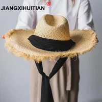 handmade weave 100raffia sun hats for women black ribbon lace up large brim straw hat outdoor beach summer caps chapeu feminino