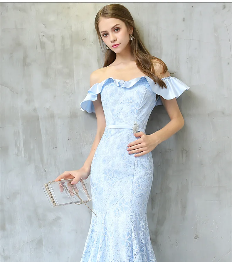 Элегантное светло голубое длинное платье jaevini для подружки невесты с открытыми