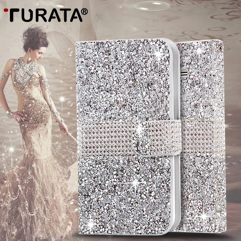 TURATA Bling кристалл полный горный хрусталь алмаз Флип Стенд Бумажник кожаный чехол