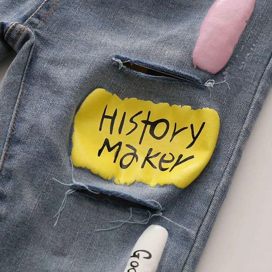 Модные джинсовые штаны с мультяшным принтом для девочек новинка 2019 детские