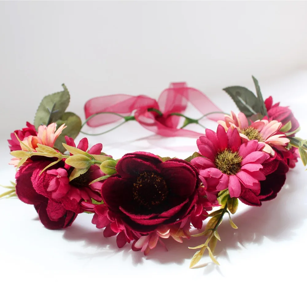 Women's delicate flower wreath festival Headband crown Red faux sunflower Prom |