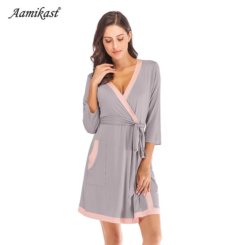 Aamikast осень AutumWomens халат 3/4 рукав сплошной свободные V образным вырезом поясом ночь