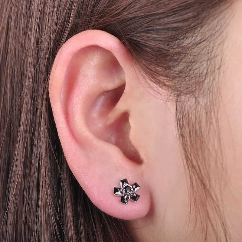 Madrry Latest Real 925 Sterling Silver Flower Shape Stud Earrings Black Cubic Zircon Jewelry For Women Girls Ear Ornaments Gifts | Украшения