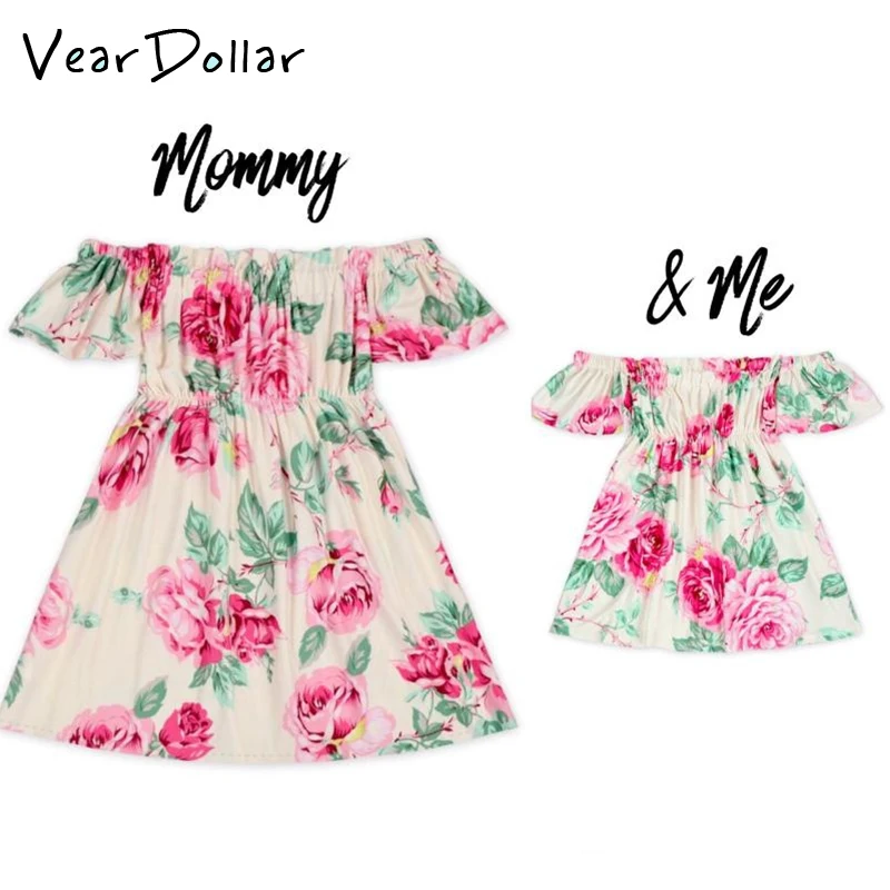 

VearDoller Mom and Daughter Dress Family Matching Outfits Off Shoulder Floral Printing Ruffles Dress Mommy and Me Dresses