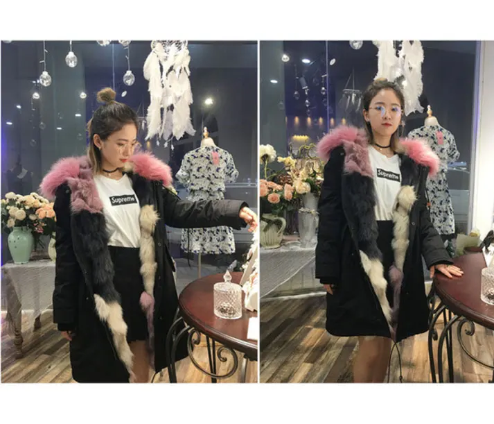 fox fur middle long4 Большой енот меховой воротник Курточка бомбер Для женщин Зимняя мода Настоящее волк Мех животных съемный вкладыш парки с капюшоном Женский армия пальто - Цвет: fox fur middle long4