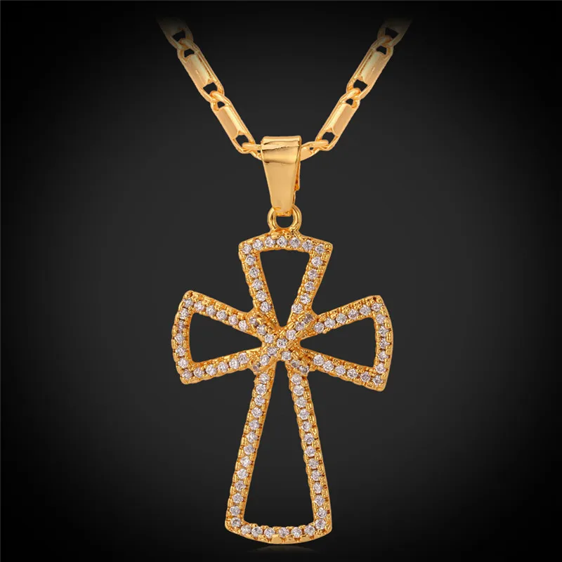 

Gold Cross Pendant Necklace Vintage Yellow Gold Color AAA+ Cubic Zirconia Trendy Jewelry For Women / Men Cross P499