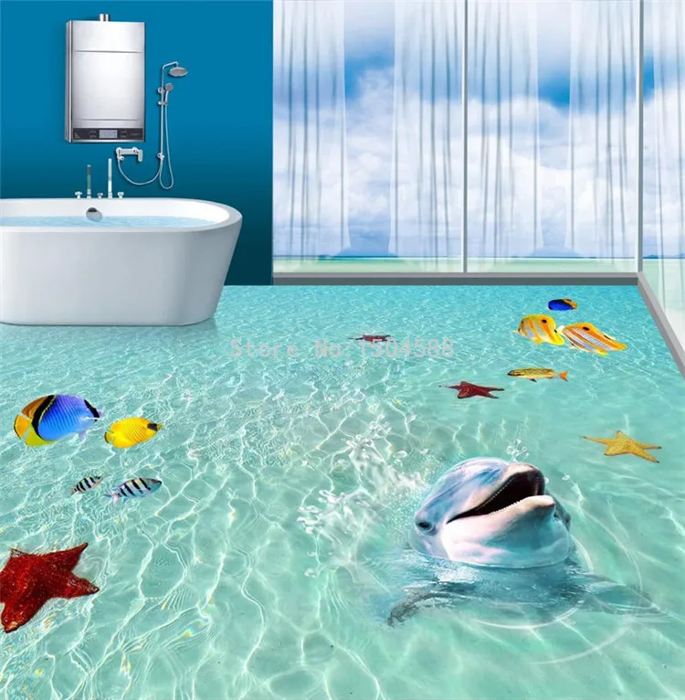 Настенная бумага на заказ, 3D, морской пляж, дельфин, 3D Рисунок пола, плитка, наклейка, ПВХ, самоклеющаяся, водонепроницаемая, настенная бумага для ванной, 3 D