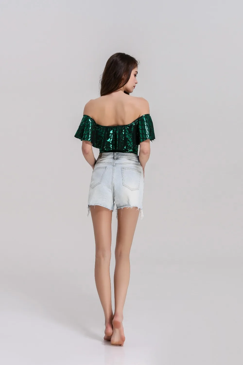 Sexy Sliver Scale Mermaid Off Shoulder Ruffled Bodysuit Ladies Frill Stretch Party Leotard Top | Женская одежда