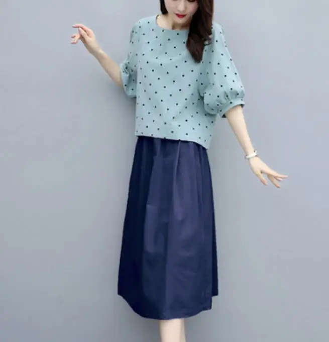 Женский костюм с юбкой из хлопка и конопли повседневный летний большого размера