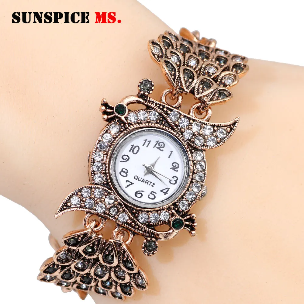 MTwt02green SUNSPICE MS этнические индийские Шарм в форме павлина браслет наручные часы для женщин античное золото цвет женские вечерние ювелирные изделия на манжетах - Metal Color: MTwt02green