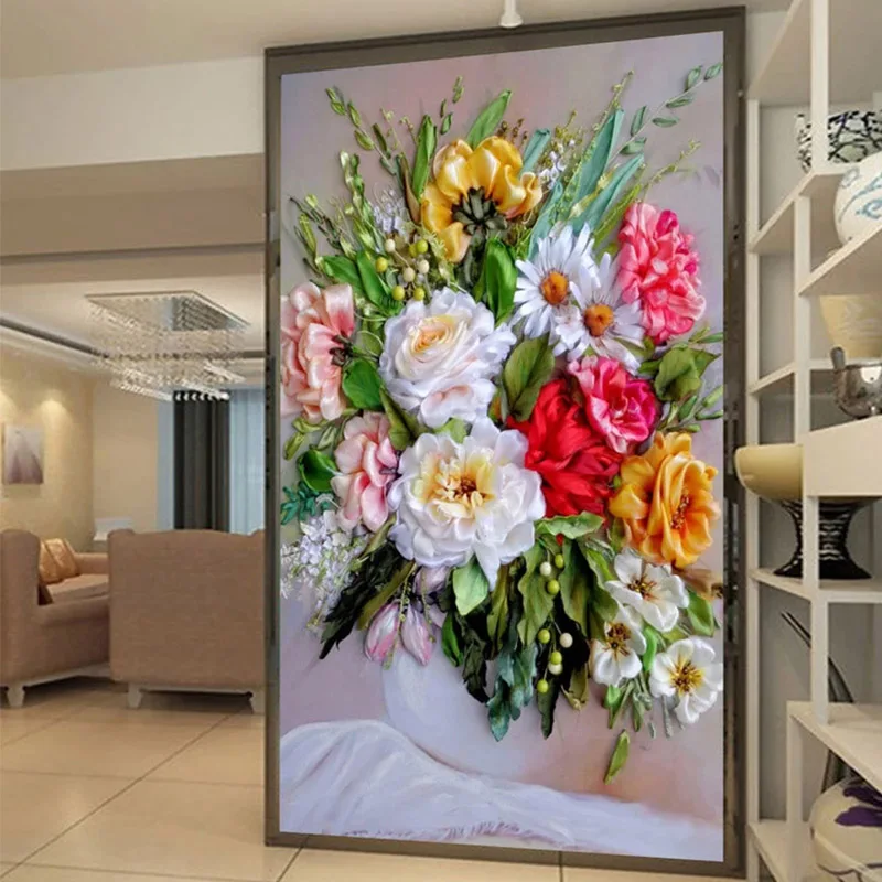 Фотообои 3D стерео цветы ваза картина маслом гостиная отель вход фон настенная