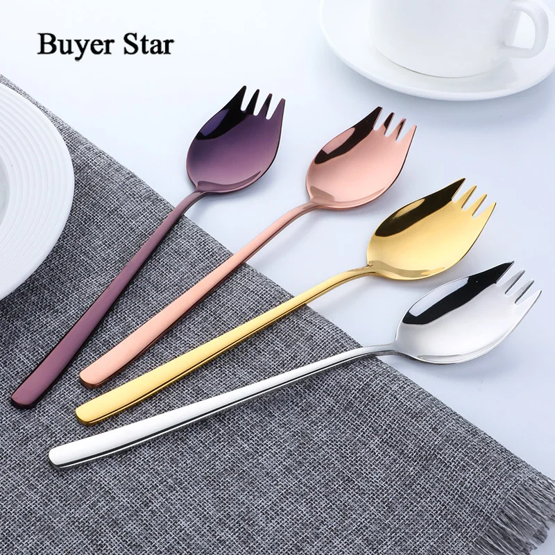 

Покупатель звезда 4 шт красочные длинные ручки Spork с зеркальной полированной чашей 304 нержавеющая сталь закуска десертная ложка салат вилка