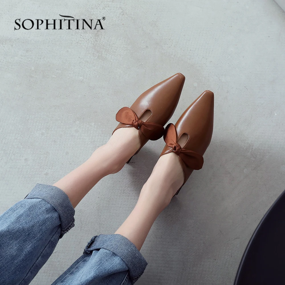 SOPHITINA/Новые женские сабо на лето 2019г. Модные босоножки из высококачественной коровьей кожи. Повседневные женские сандалии с бантиком-бабочкой.Летняя обувь с открытой пятной на стильном моденом низком каблуке.SO35