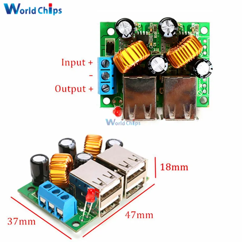 Понижающий модуль платы преобразователя питания с 4 USB портами A5268 DC 12V 24V 40V to 5V 5A