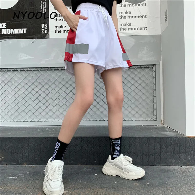 NYOOLO Harajuku стиль 3M Светоотражающий пэчворк с высокой талией облегающие шорты Летняя уличная одежда свободного кроя с эластичной талией Шорты женская одежда