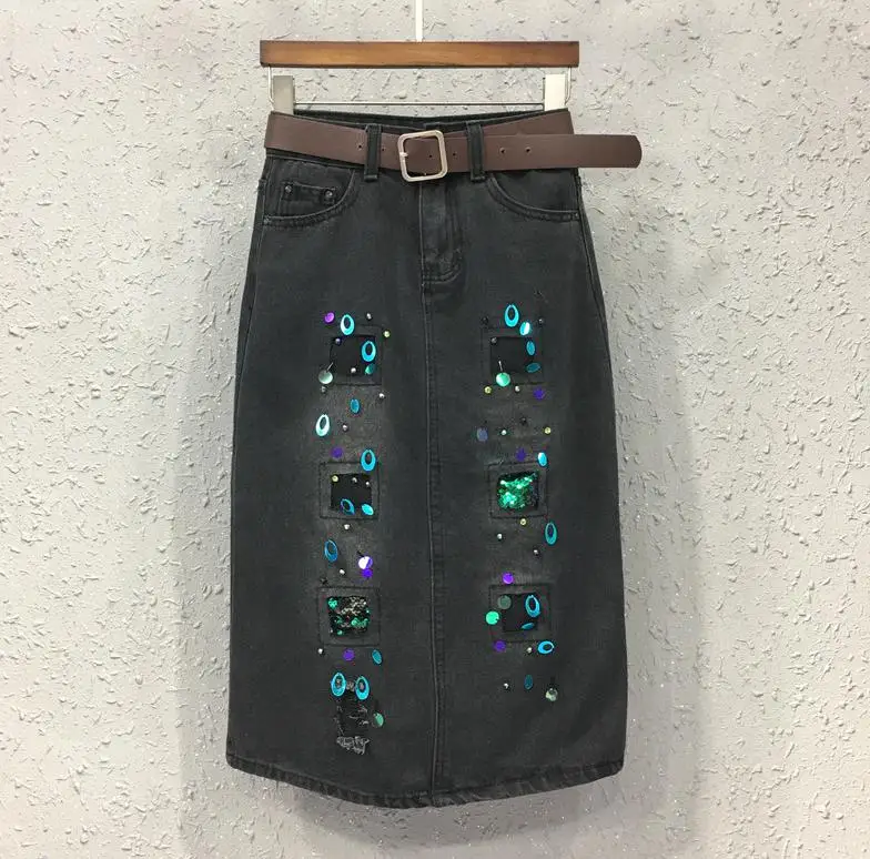 Summer Fall Fashion Designer Women Black Ripped Hole Sequined Placket Pencil Denim Skirt Woman High Waisted Beggar Jeans | Женская