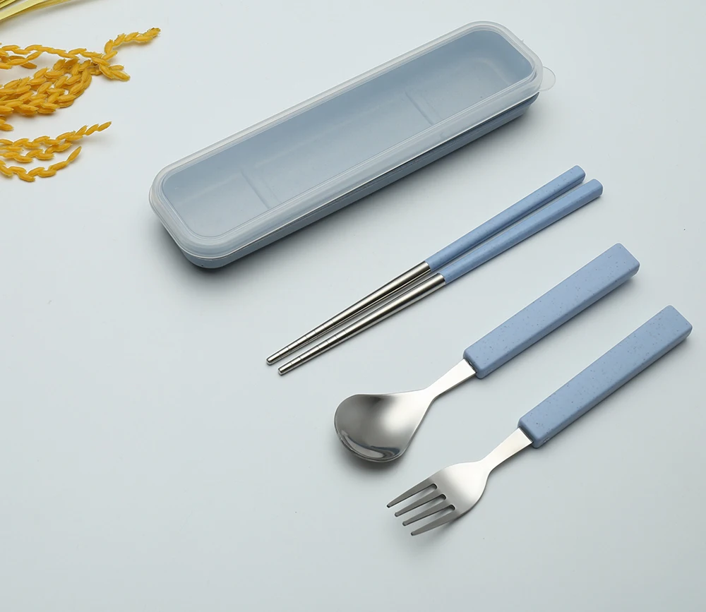 Nordic Color Wheat Straw plastic Dinnerware Set Portable Outdoor Camping Picnic School Kids cutlery Stainless Steel Tableware