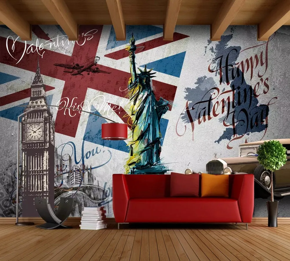Free Shipping Custom Wallpaper Mural Retro Vintage Statue of Liberty Big Ben Background Wall Painting Living Room Decoration |