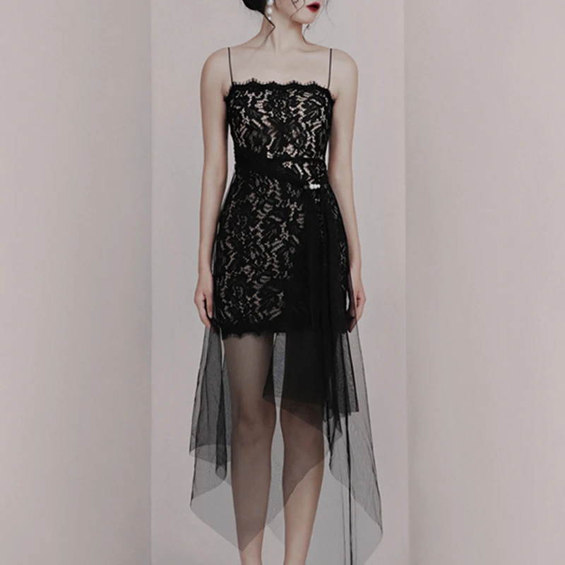 Max Spri 2019 New Elegent Black Women Party Spaghetti Strap Backless Floral Lace Sashes Pearl Asymmetrical Hemline Midi Dress | Женская
