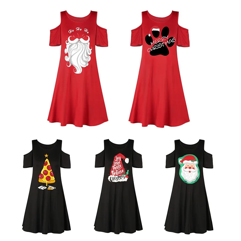 ChristmasFashion 3D Printe Christmas Dresses Women's Clothing New Year Loose Short Sleeve Black Off Shoulder Sexy Mini Dress | Женская