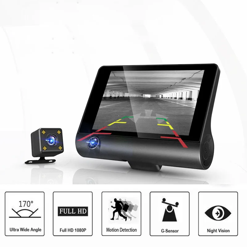4 дюймов Full HD 1080p Dash Cam камера заднего вида три объектива Автомобильный dvr