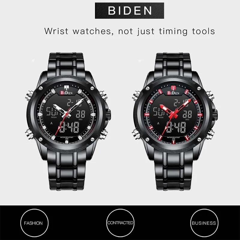 

Men Sport Wrist Watches Man Digital Quartz Watch BIDEN TOP Brand Black Full Steel Waterproof Clock Watch Relogio Masculino