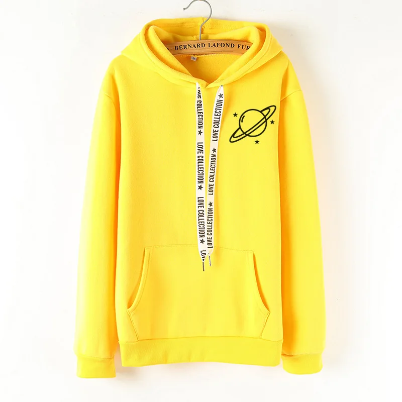 

Yan Qing Huan 2019 Winter New Planet Printing Korean Version Of Fleece Hoodie Solid Color Long-sleeved Tops Women's Sweatshirt