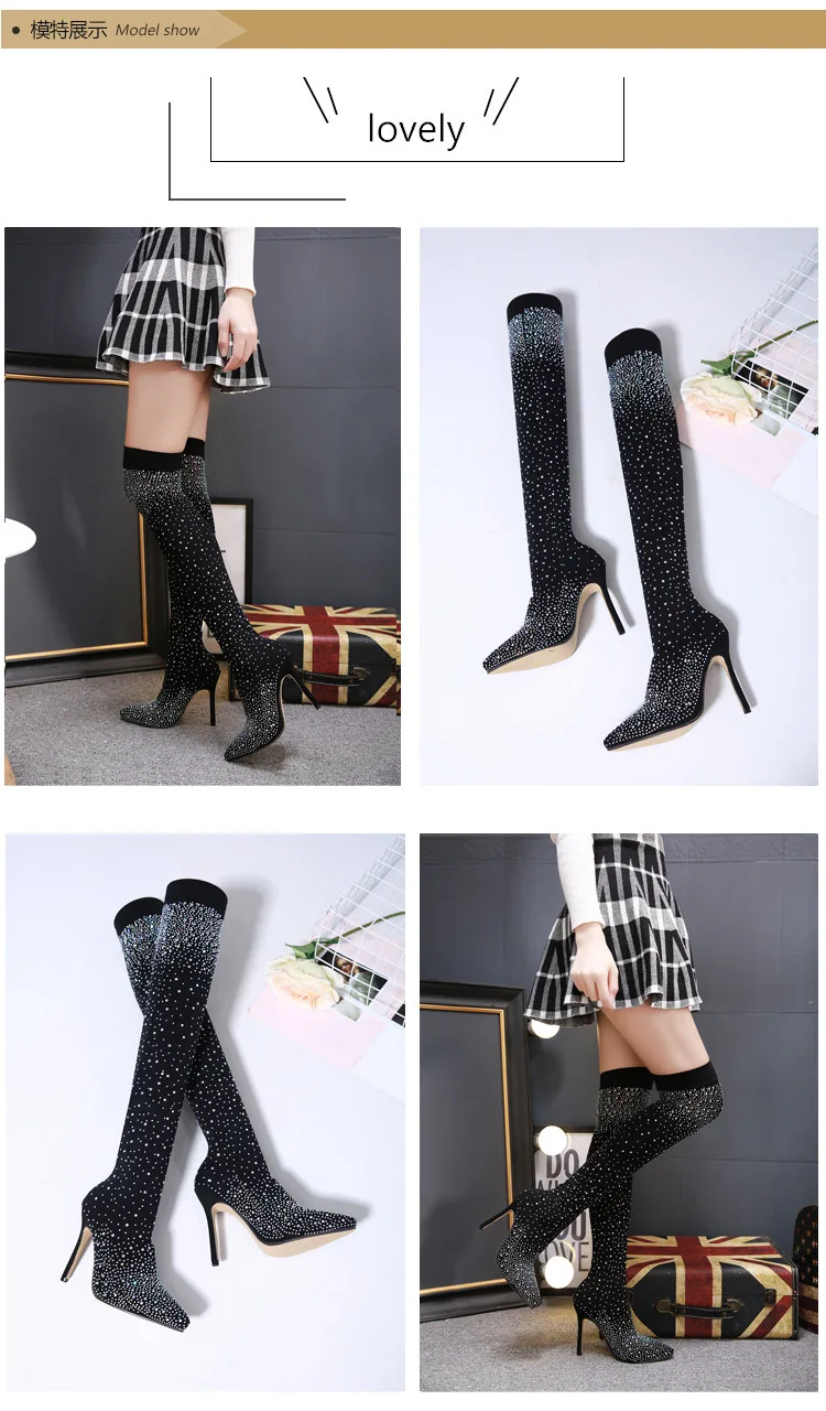 New Winter Knee Boots Sexy Fashion Warm Shiny Rhinestone Stretch Knee High Heel Women's Boots Winter Shoes ZL-139-21