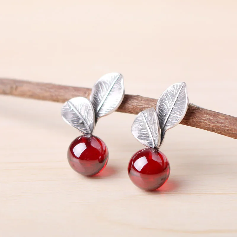 

Leaf S925 Sterling Silver Earrings matte Matte Silver Spring Red Pearl Earrings folk style earrings