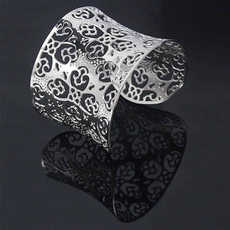 2017 Новая мода Серебряный Цвет РЕЗНЫЕ ШИРОКИЙ открытая манжета обаятельные