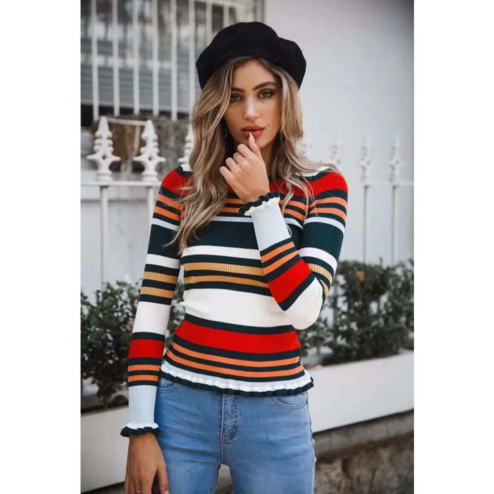 Colorful Stripe Woollen Sweater Fashion 2018 Sweaters Women Clothes Super Elastic Autumn Knitting Winter Tops Rainbow | Женская одежда