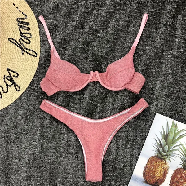 

Women Shining Silver Push-up Soft Bra Bikini Briefs Beachwear Triangle Swimwear