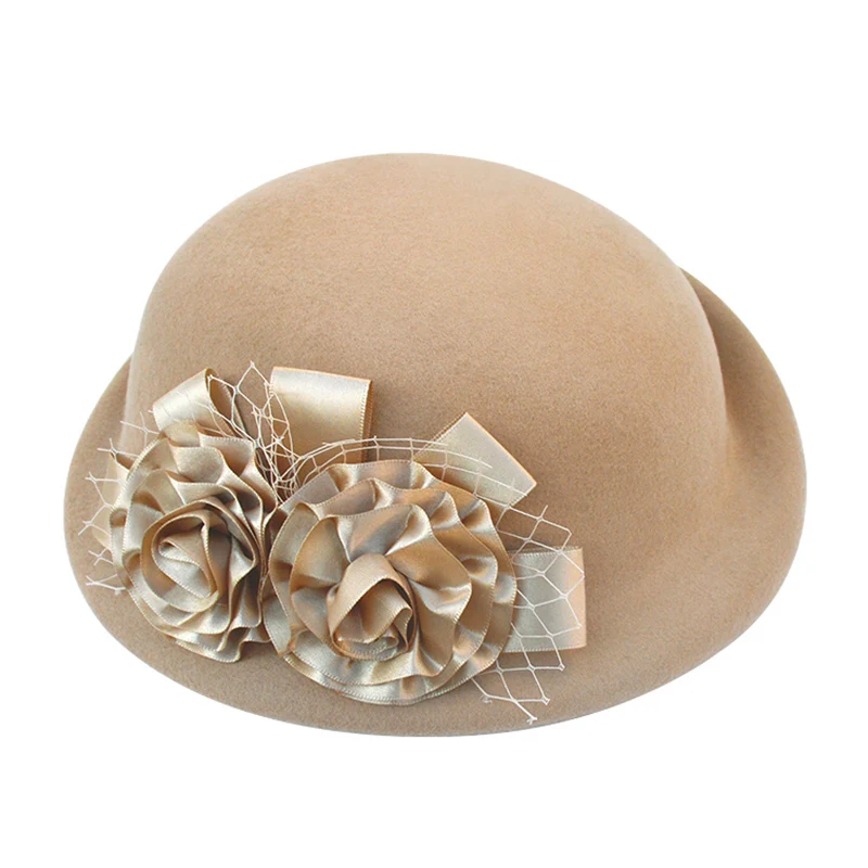 Хаки Женская шерстяная шляпа Fedoras с цветочным узором для девочек, шерстяная женская шапка для бассейна, милая Повседневная шерстяная шапка в рыбацком стиле, регулируемая B-8728 - Цвет: Хаки