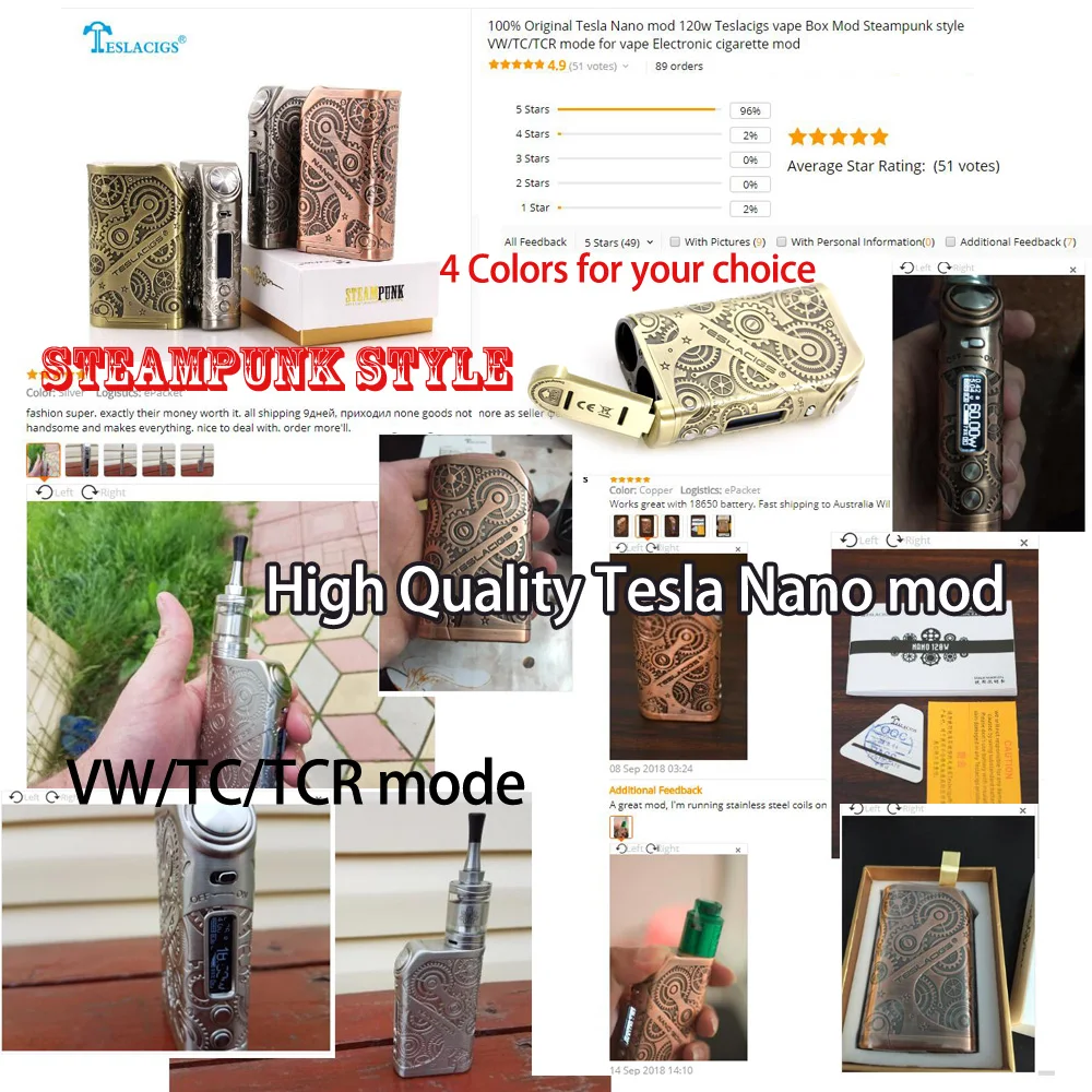 Оригинальный Teslacigs Tesla Nano mod 120 Вт Vape Box Mod стимпанк стиль VW/TC/режим ТКС электронная