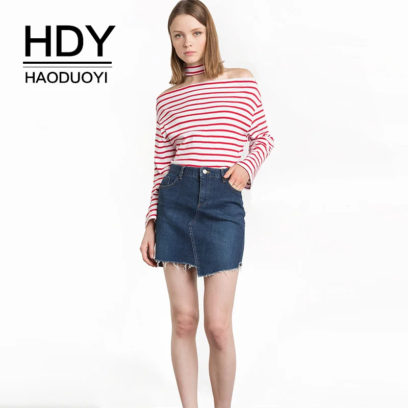 HDY Haoduoyi женские футболки с длинным рукавом красные и белые полосатые Свободные