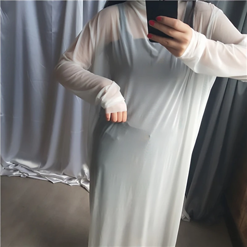 [EAM] New Autumn Winter High Collar Long Sleeve Black Mesh Perspective Colorful Long Big Size Dress Women Fashion JU790