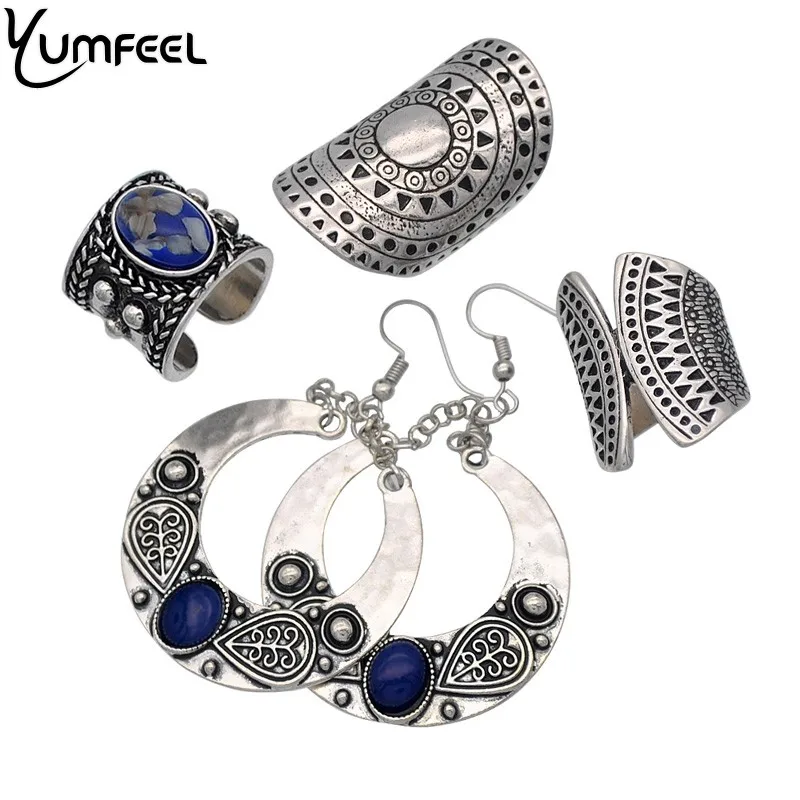 Yumfeel новые винтажные ювелирные изделия из металла с синим синтетическим камнем кольцо серьги Ювелирные наборы для женщин pendientes mujer moda подарки
